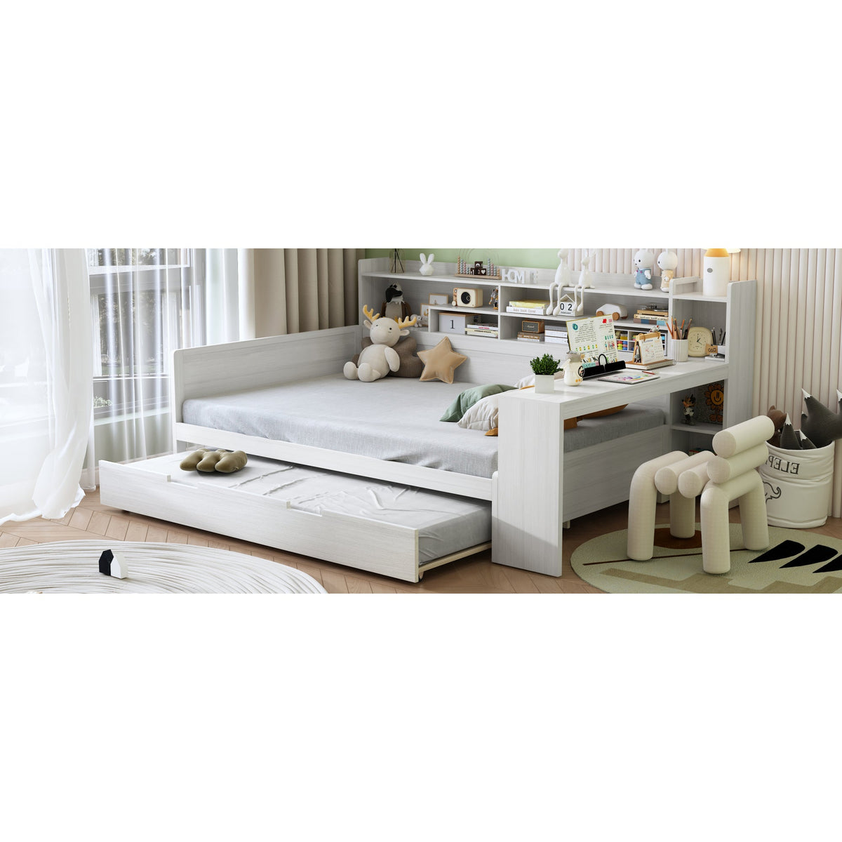 Roomfitters Wooden Full Size Daybed with Storage Shelves, Multi-functional Bed with Twin Size Trundle Bed and Study Desk, Antique White