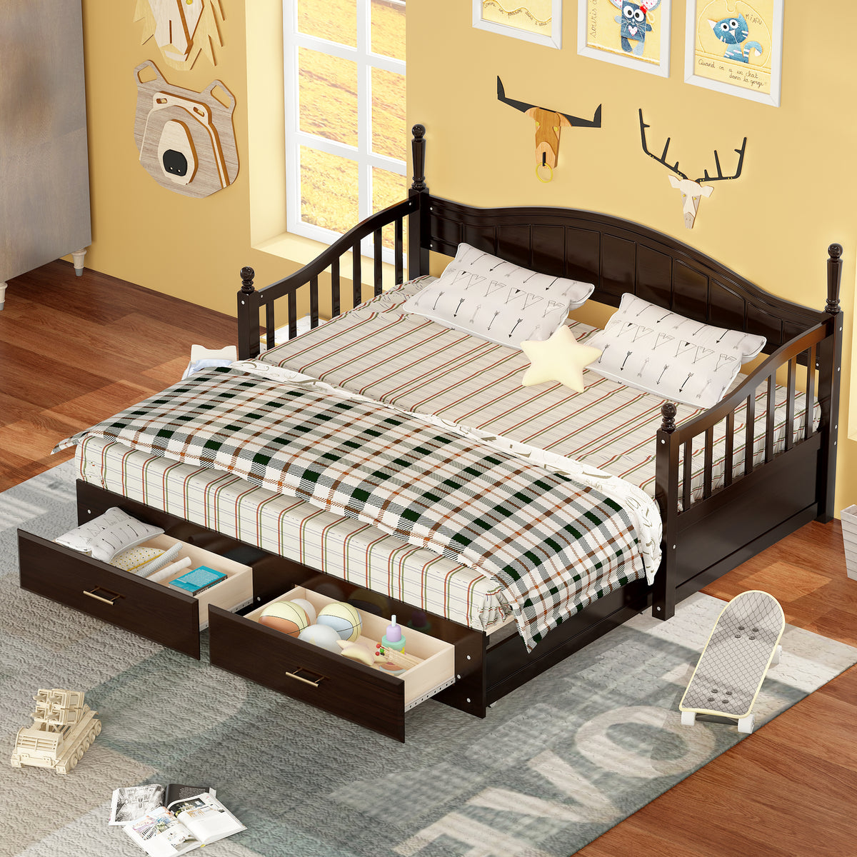 variant-group:rf-n733s173459p|Roomfitters Wooden Twin Size Daybed with Expandable Design, Twin Trundle and Two Practical Storage Drawers, Espresso