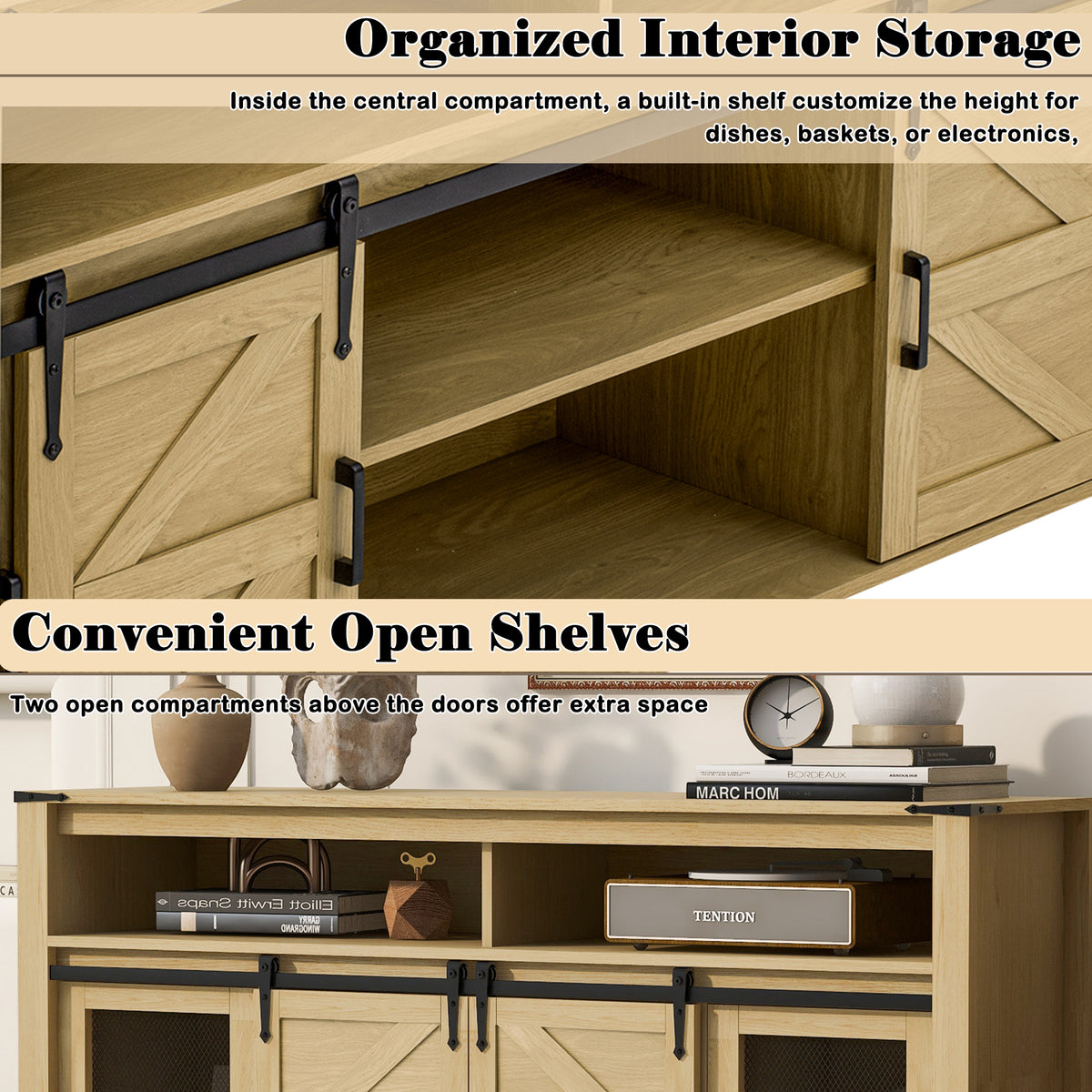 variant-group:rf-n711p347388o|Roomfitters 59.3" Sideboard Buffet Cabinet with Sliding Barn Doors, Modern Farmhouse Storage for Kitchen & Dining, Natural
