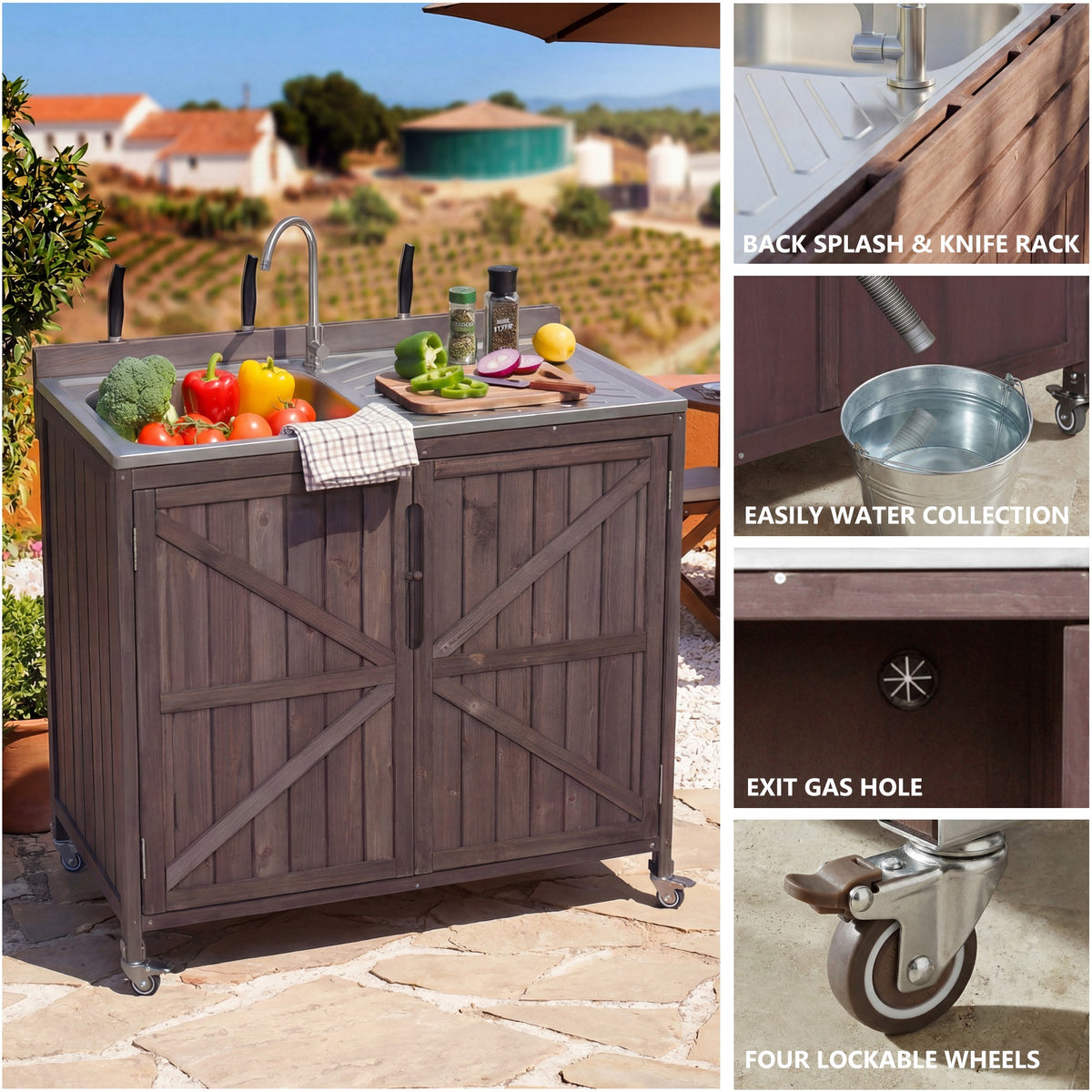 variant-group:rf-n707p370281z|Roomfitters 39.4" Outdoor Grill Cart with Stainless Steel Top, Prep Station with Sink and Storage Cabinet, Dark Brown