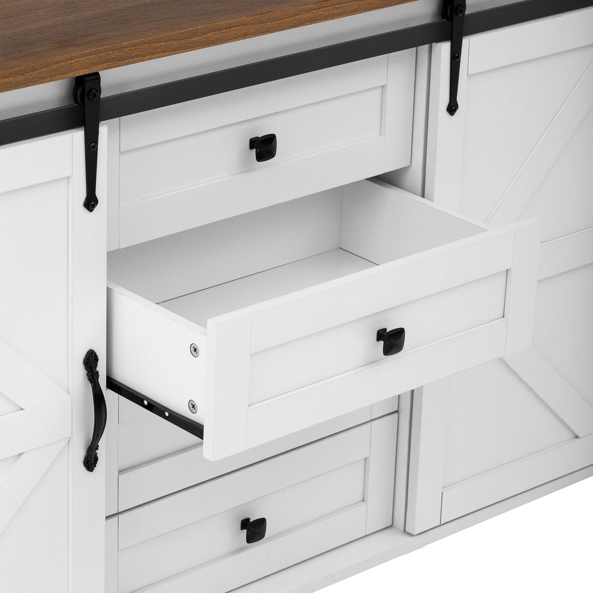 variant-group:rf-n711p347377k|Roomfitters 55.1" Storage Cabinet with 4 Drawers and Sliding Barn Doors, Farmhouse Sideboard Buffet for Kitchen & Dining, White