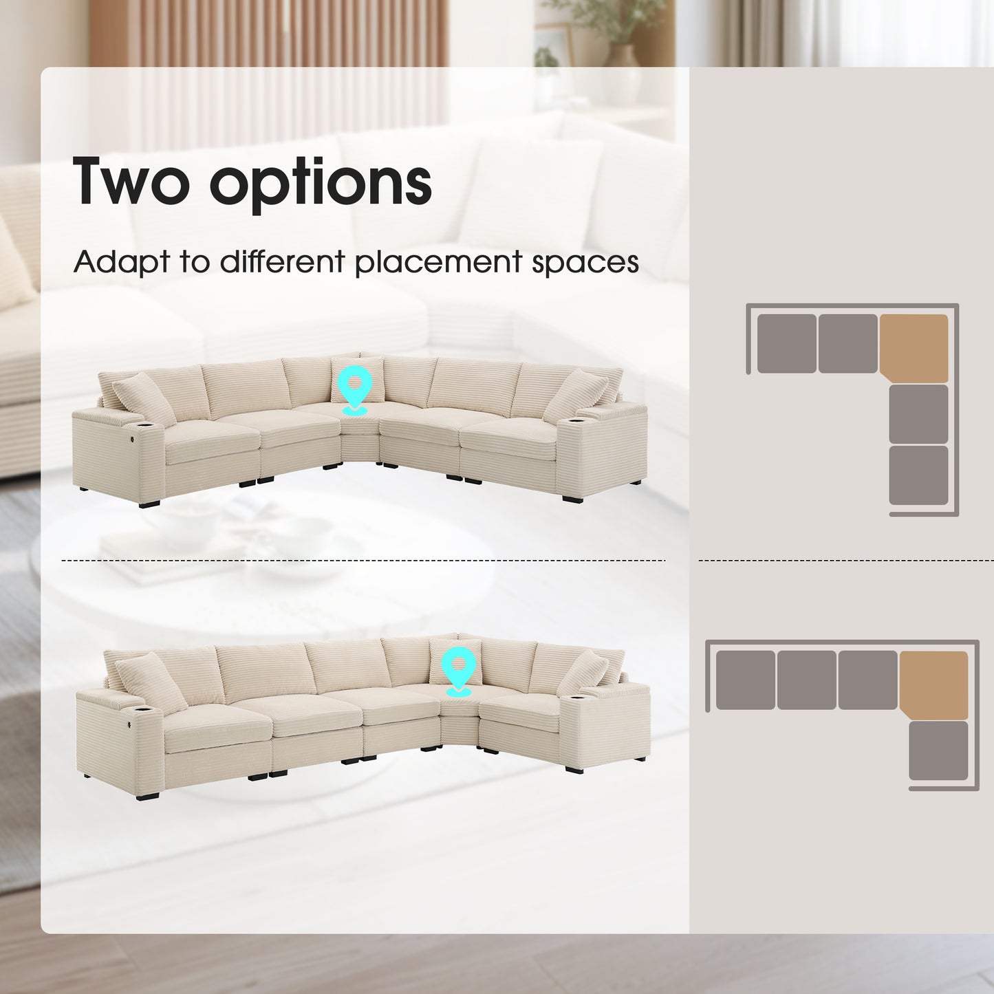 variant-group:rf-n723s1187a|Roomfitters 104 Inch Modern L-Shaped Sectional Sofa with Cup Holders, Comfortable Corduroy Upholstered Corner Couch, Beige