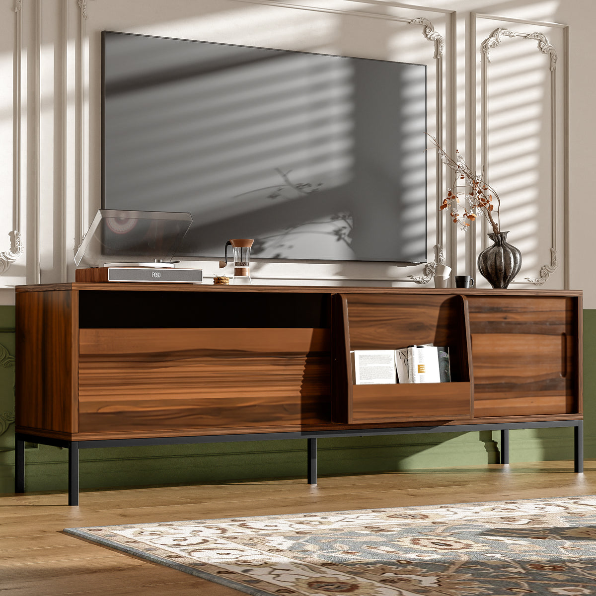 variant-group:rf-n724p360370d|Roomfitters Mid-Century Modern 70" TV Stand Console with Sliding Doors, Brown