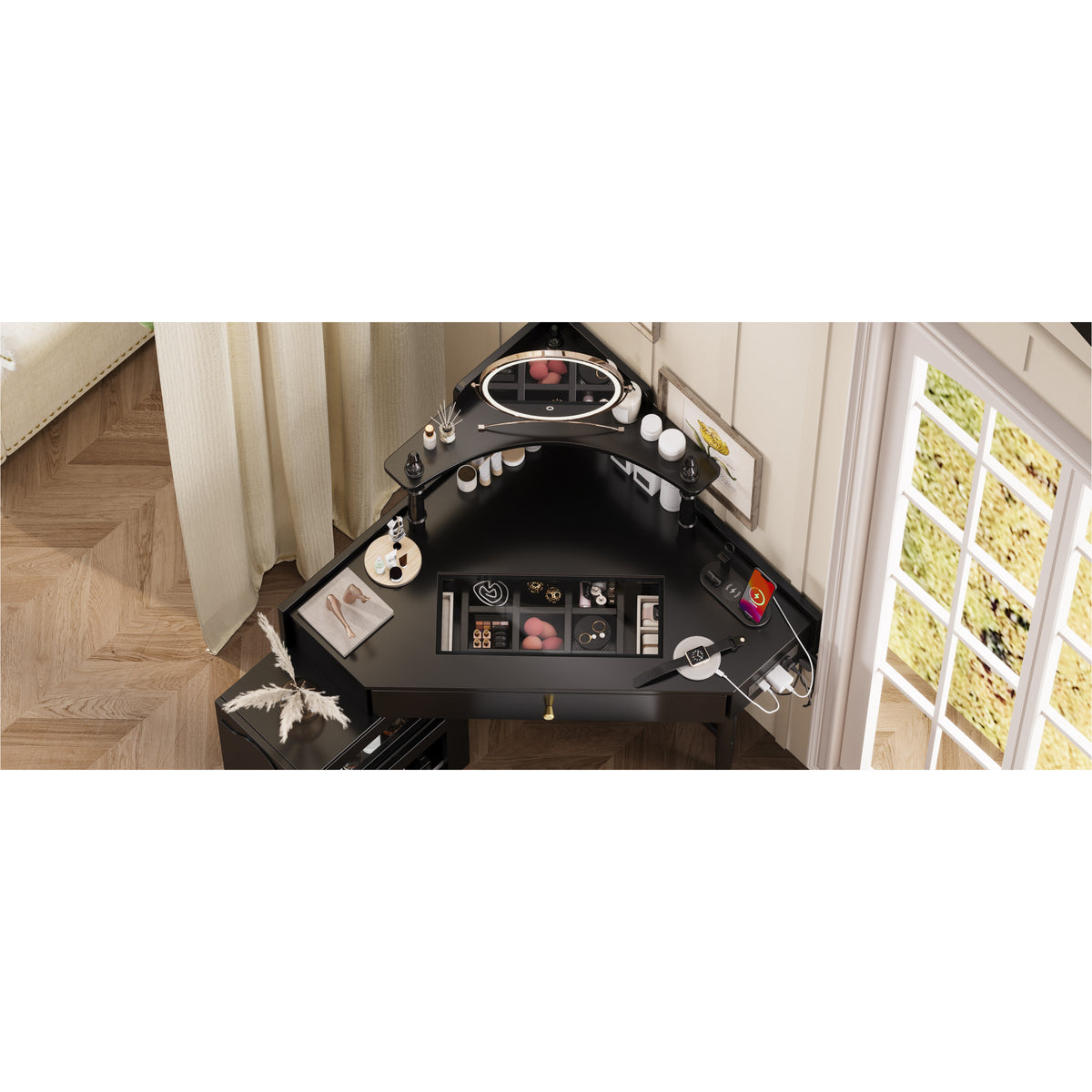 variant-group:rf-n733p336237b|Roomfitters Corner Vanity Desk Set with Stool, Charging Station, Glass Top, Drawer, Shelf, Pull-Out Cabinet, Black