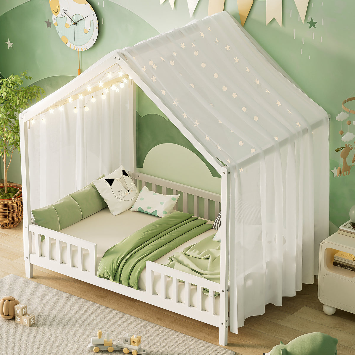 variant-group:rf-n733p356048k|Roomfitters Full Montessori Floor Bed with Canopy, House Shape Wood Frame with Safety Rails, Platform Bed, White