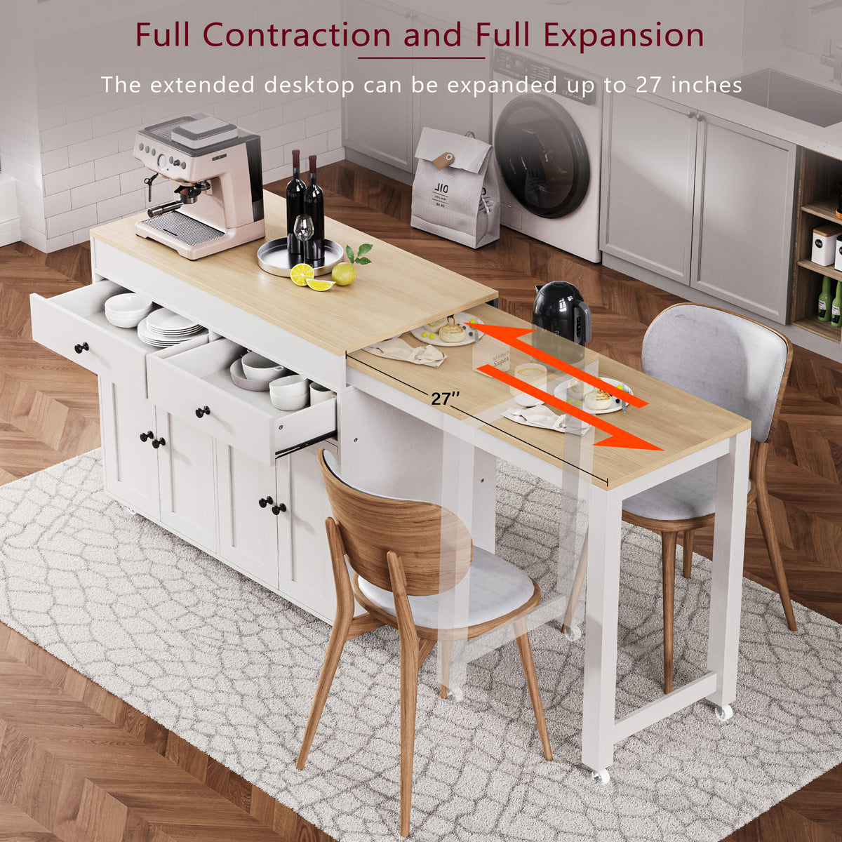 variant-group:rf-n707p333291w|Roomfitters 74.8" Rolling Kitchen Island with Extendable Dining Table, Mobile Cart with 4 Doors, 2 Drawers & Spice Rack, White
