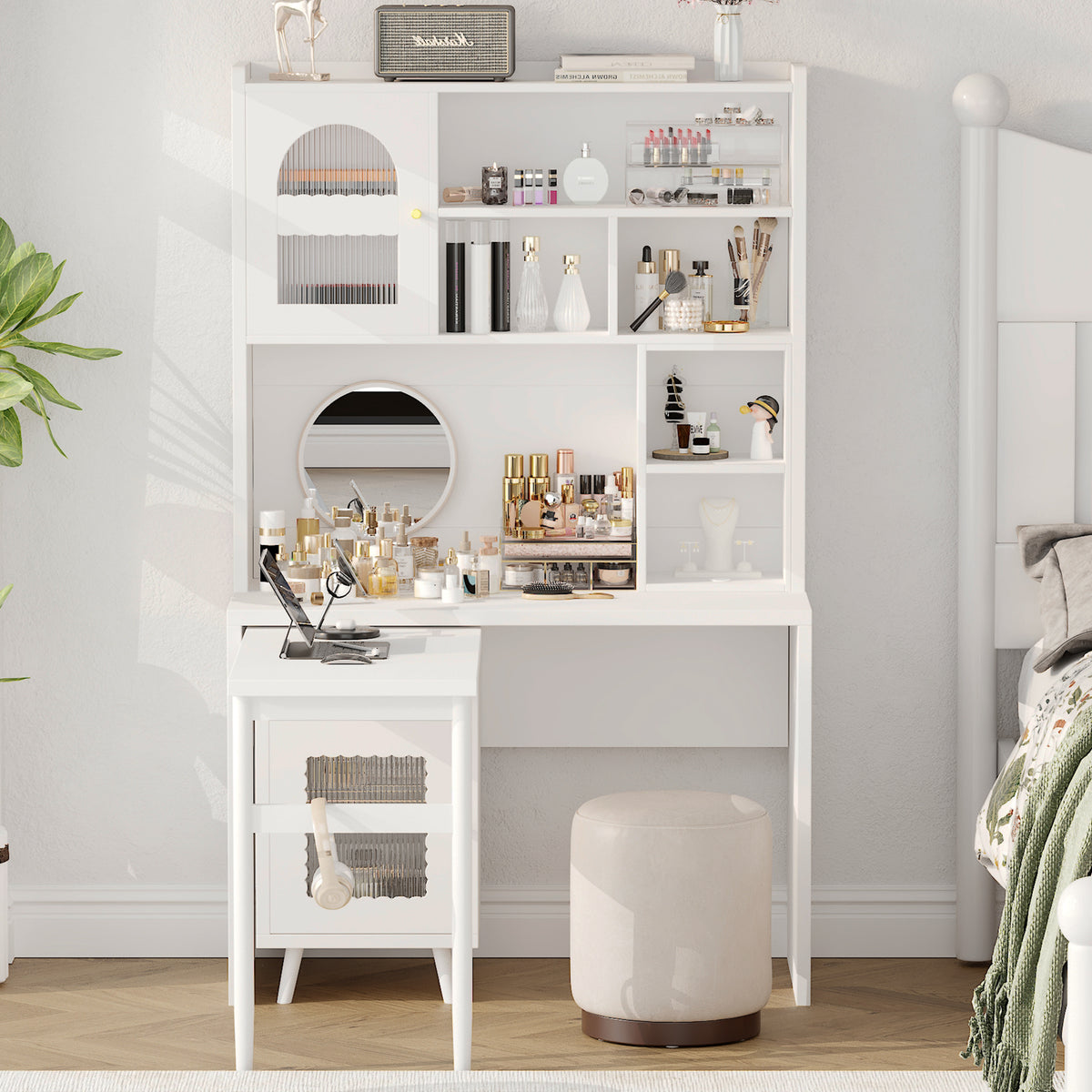 variant-group:rf-n733s363716k|Roomfitters Rotating L-Shaped Computer Desk with Shelves and Storage, 90° Swivel Office Writing Desk, White