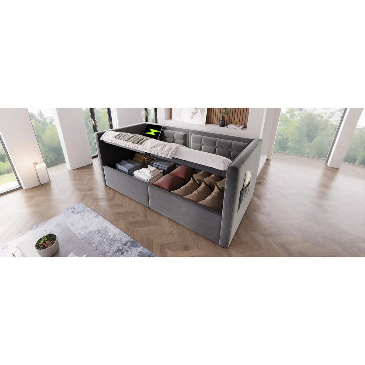 variant-group:rf-n736p303402g|Roomfitters Upholstered Twin Size Daybed with Storage, USB & Type-C Charging, Tufted Sofa Back, Velvet Gray