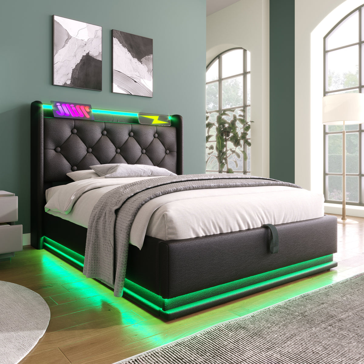variant-group:rf-n736p188805b|Roomfitters Twin Size Upholstered Storage Bed with USB Type-C Charging and Remote Control, Faux Leather Black