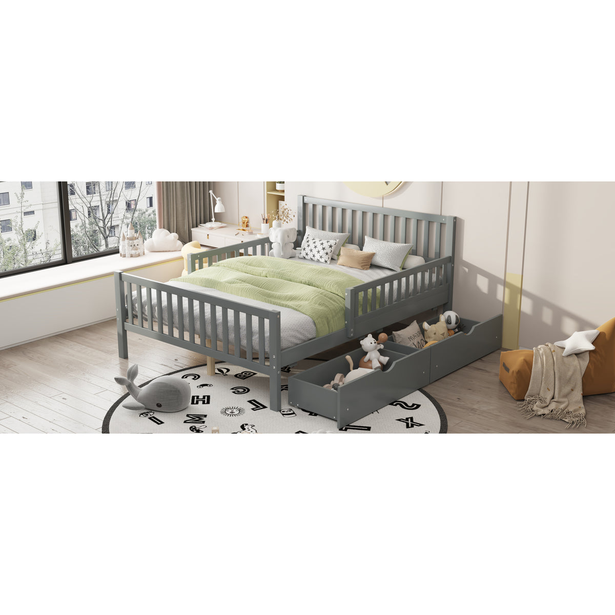 variant-group:rf-n733p172700e|Roomfitters Full Size Wood Platform Bed with Guardrails and Two Storage Cabinets, Grey