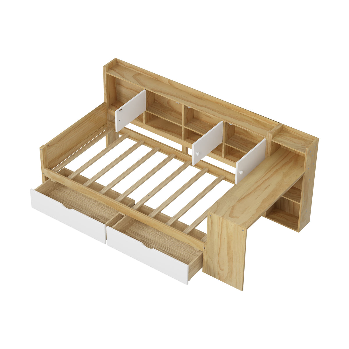 Roomfitters Wooden L-Shape Daybed with Seven Storage Cabinets and Two Storage Compartments, Multi-functional Bed with Study Desk and Built-in Bookshelf, Natural+White