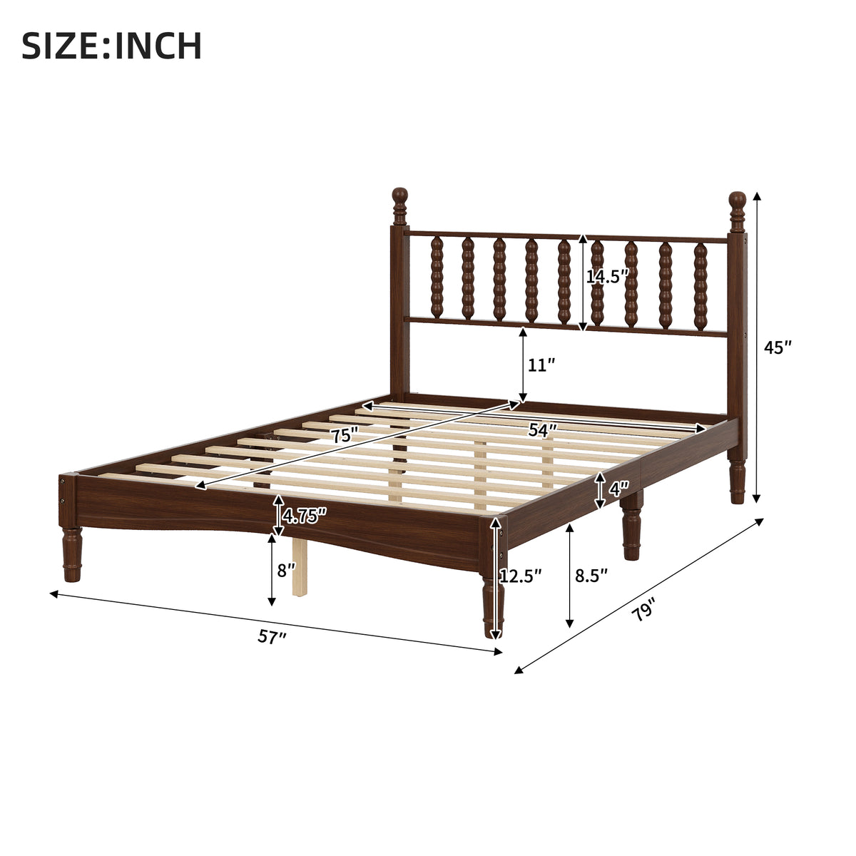 variant-group:rf-n733p338317d|Roomfitters Full Wood Platform Bed, Retro Gourd Spindle Headboard with Solid Slat Support, Walnut