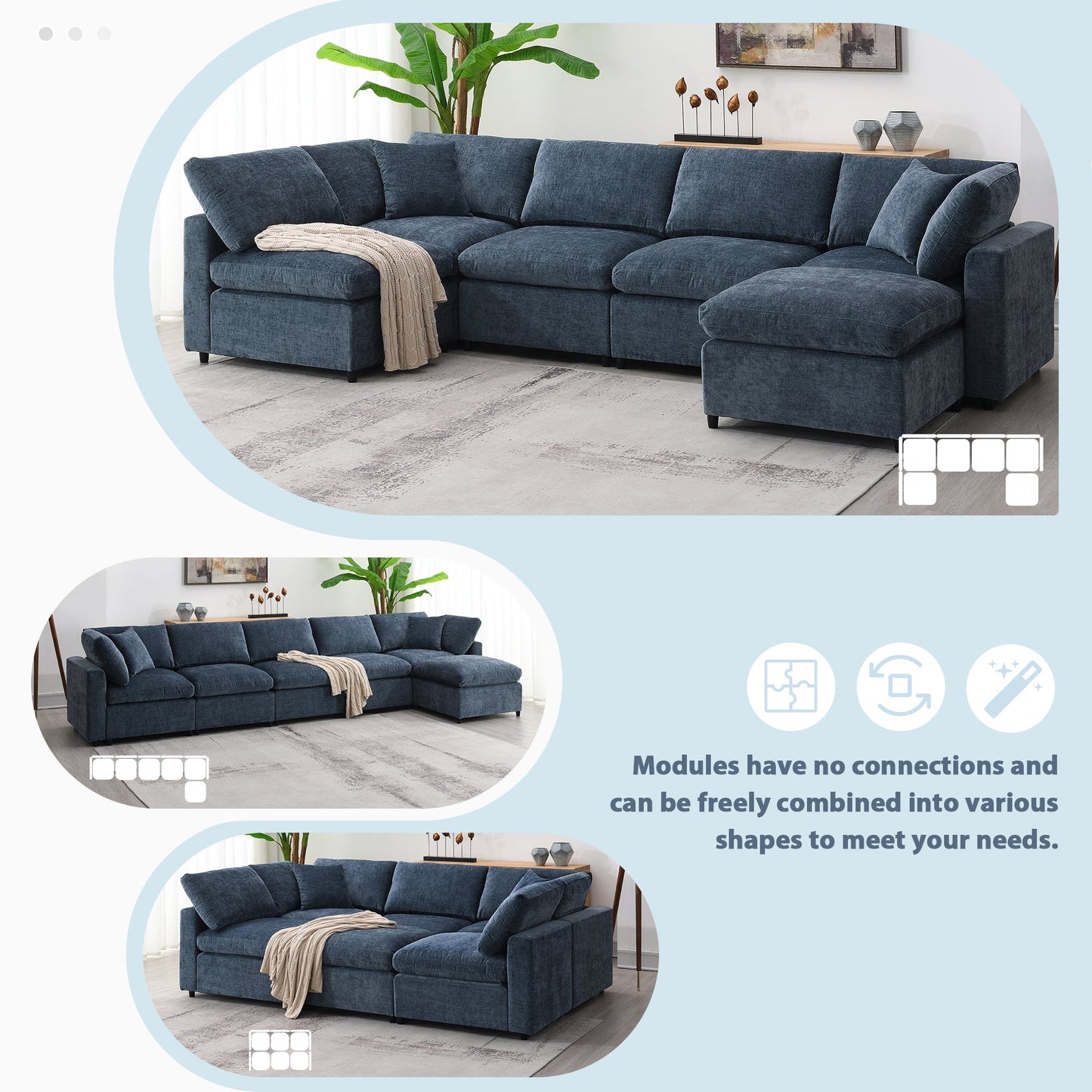 Roomfitters 130 Inch U-Shaped Modular Sectional Sofa Bed, Cloud Sleeper Couch with Plush Cushions for Living Room, Dark Blue Roomfitters