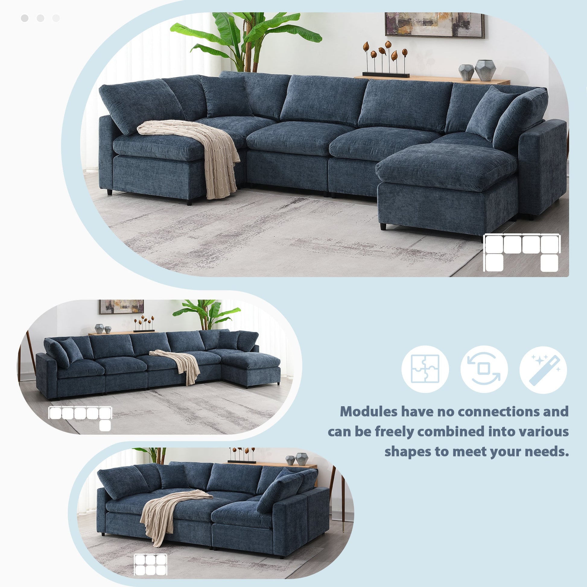 Roomfitters 130 Inch U-Shaped Modular Sectional Sofa Bed, Cloud Sleeper Couch with Plush Cushions for Living Room, Dark Blue Roomfitters