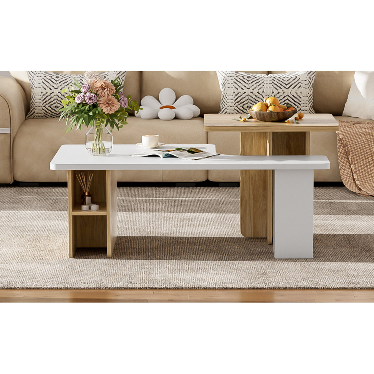 variant-group:rf-n724p294661k|Roomfitters Farmhouse Nesting Coffee Table Set of 2, Rectangle Wood Finish Accent Tables for Living Room and Sofa Side, White