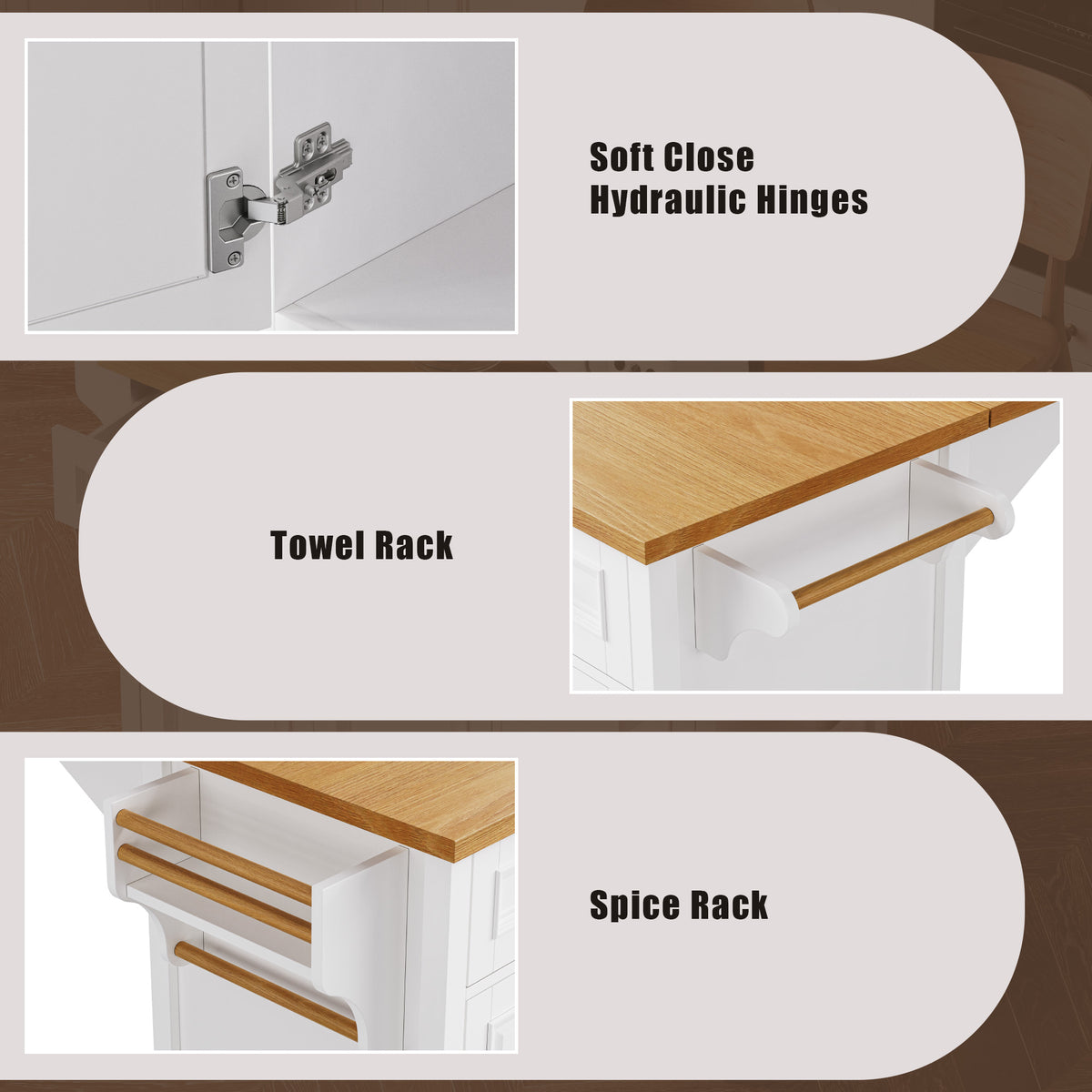 variant-group:rf-n707p195393w|Roomfitters 52" Kitchen Island with Drop Leaf, Rolling Kitchen Cart with Storage Cabinet, Spice Rack, Towel Rack, Adjustable Shelf, White
