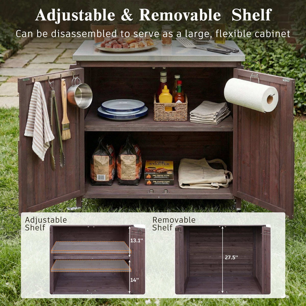 variant-group:rf-n707p370287z|Roomfitters 42.1" Grill Cart, Outdoor Kitchen Island with Stainless Steel Top, BBQ Prep Station with Spice Rack, Dark Brown