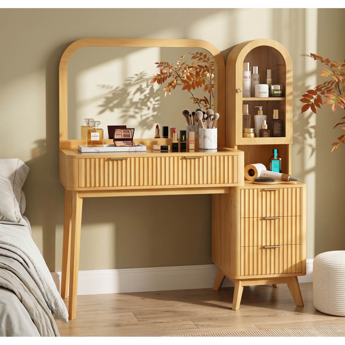 Roomfitters 48-Inch Fluted Makeup Vanity Desk with Arched Tower Glass Cabinet and Built-In Power Charging Station Natural Roomfitters