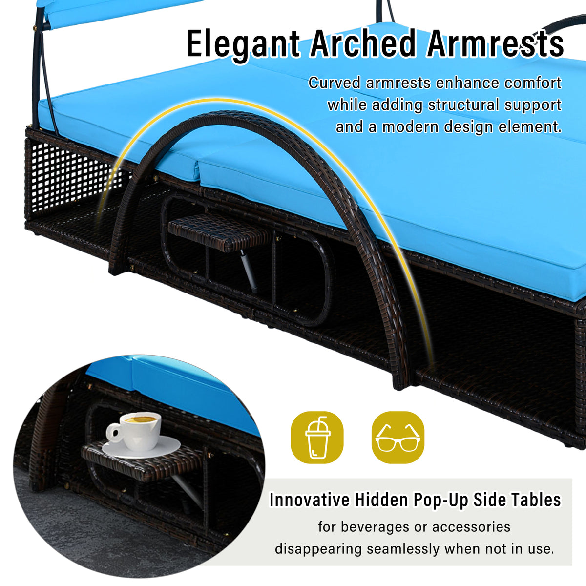 variant-group:rf-n711wy000485aac|Roomfitters Blue HDPE Wicker Outdoor Double Sunbed, Steel Frame Patio Chaise, Hidden Side Tables, Canopy Shade