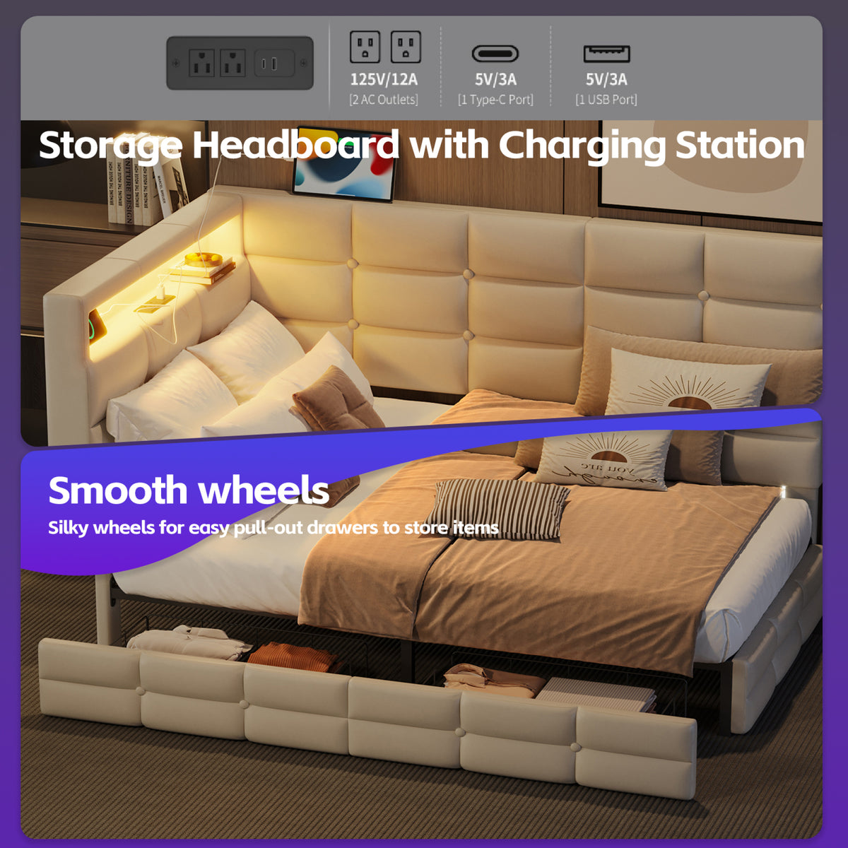 variant-group:rf-n733p285121a|Roomfitters Upholstered Twin Size Daybed with Storage Drawers and Charging Station, Bed Frame with Storage Headboard, No Box Spring Needed, Beige