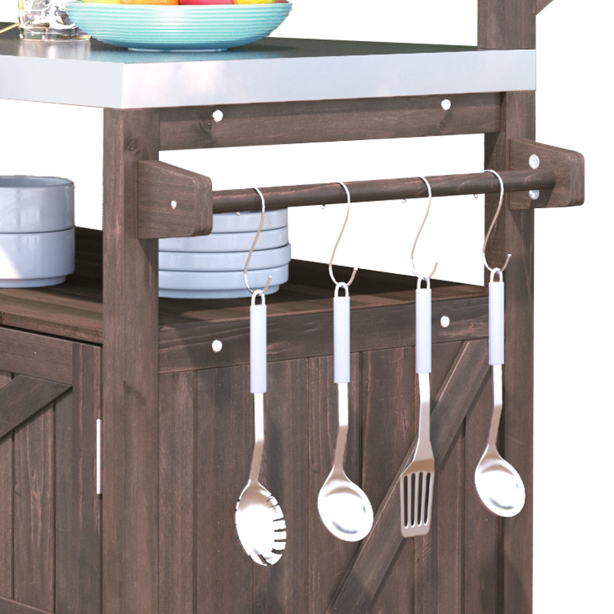 variant-group:rf-n707p250628z|Roomfitters 53.3" Outdoor Kitchen Island with Raised Shelf, Wood Storage Cabinet, Stainless Steel Top, Rolling Grill Cart, Brown