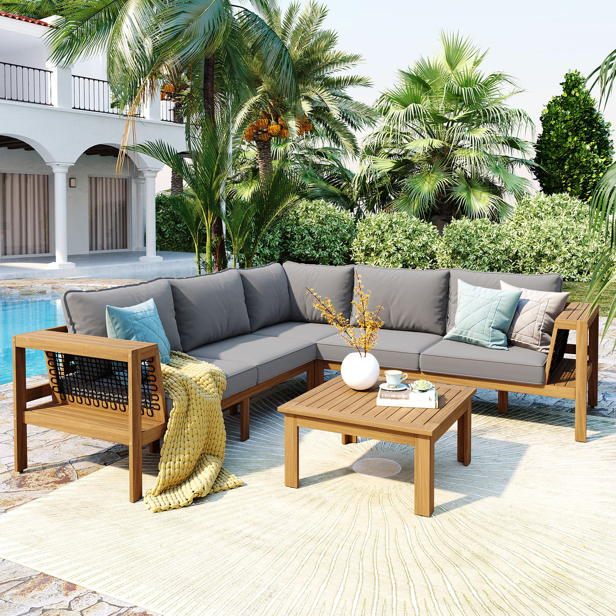 variant-group:rf-n704f201249e|Roomfitters 4-Piece Outdoor Sectional Sofa Set with Coffee Table and Built-in Side Shelves, Wood Frame, Gray+Natural