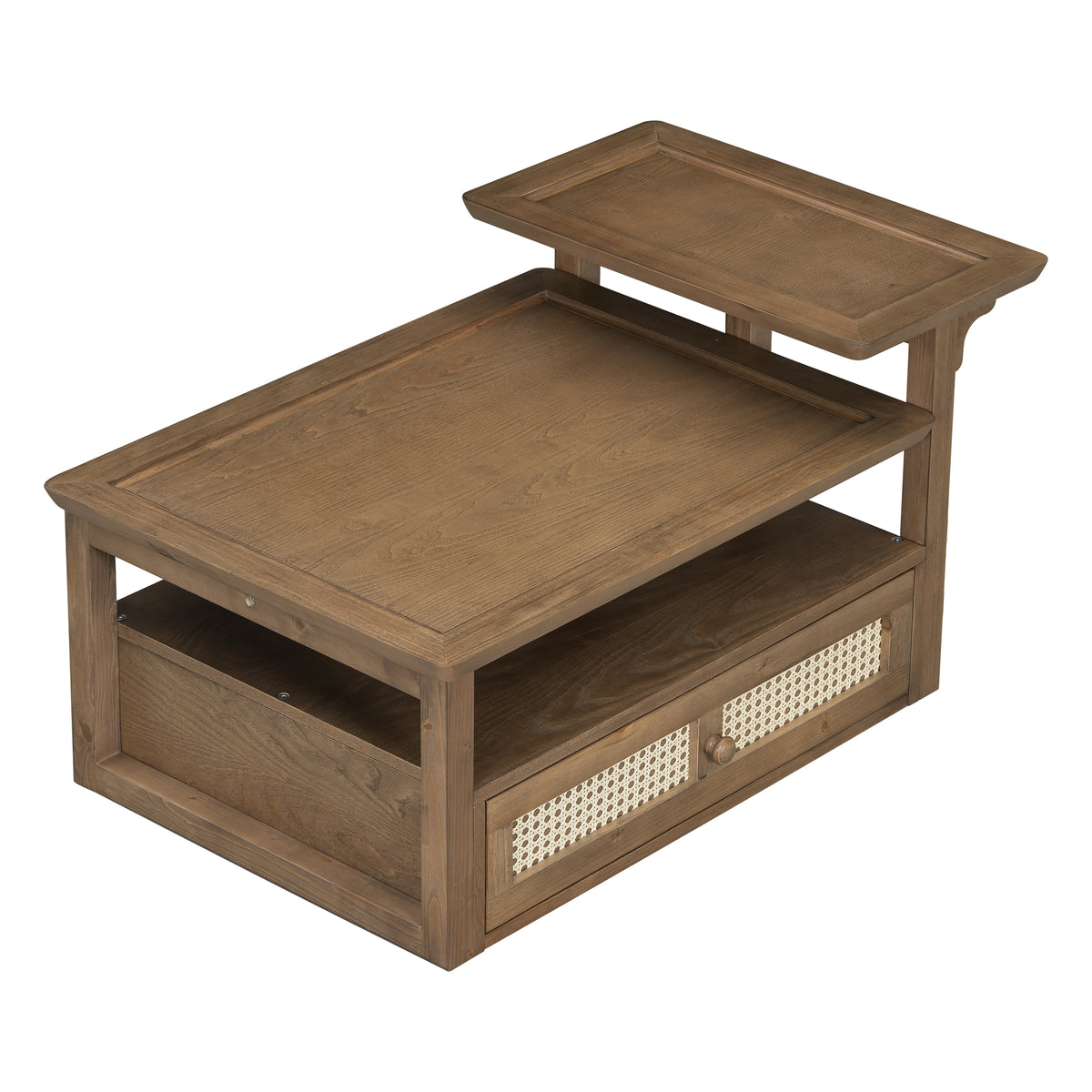 variant-group:rf-n724p232190d|Roomfitters Modern Coffee Table with Open Shelf, Dual Tabletops and Rattan Accent Storage, Walnut