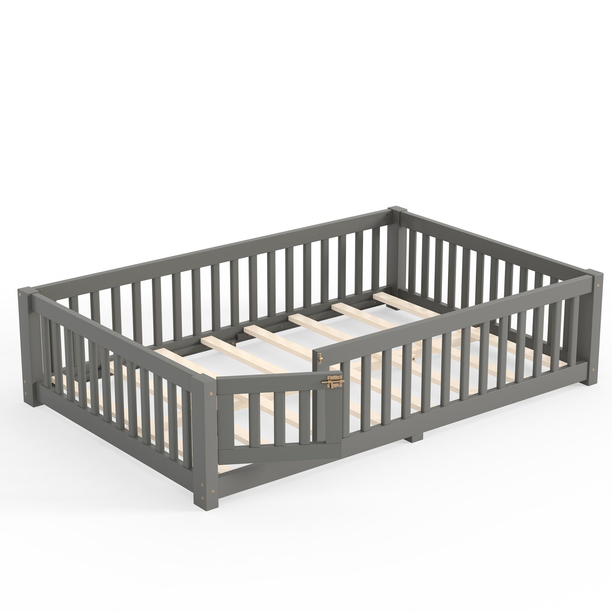 variant-group:rf-w1580p462318|Roomfitters Full Size Wooden Floor Bed Frame with Safety Guardrails Door, Solid Wood Low Profile Toddler Play Bed, Gray