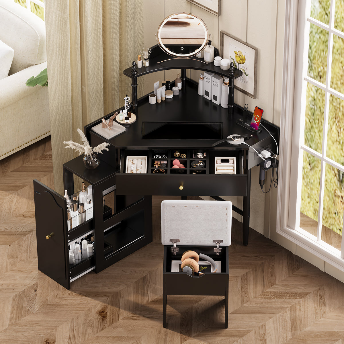 variant-group:rf-n733p336237b|Roomfitters Corner Vanity Desk Set with Stool, Charging Station, Glass Top, Drawer, Shelf, Pull-Out Cabinet, Black