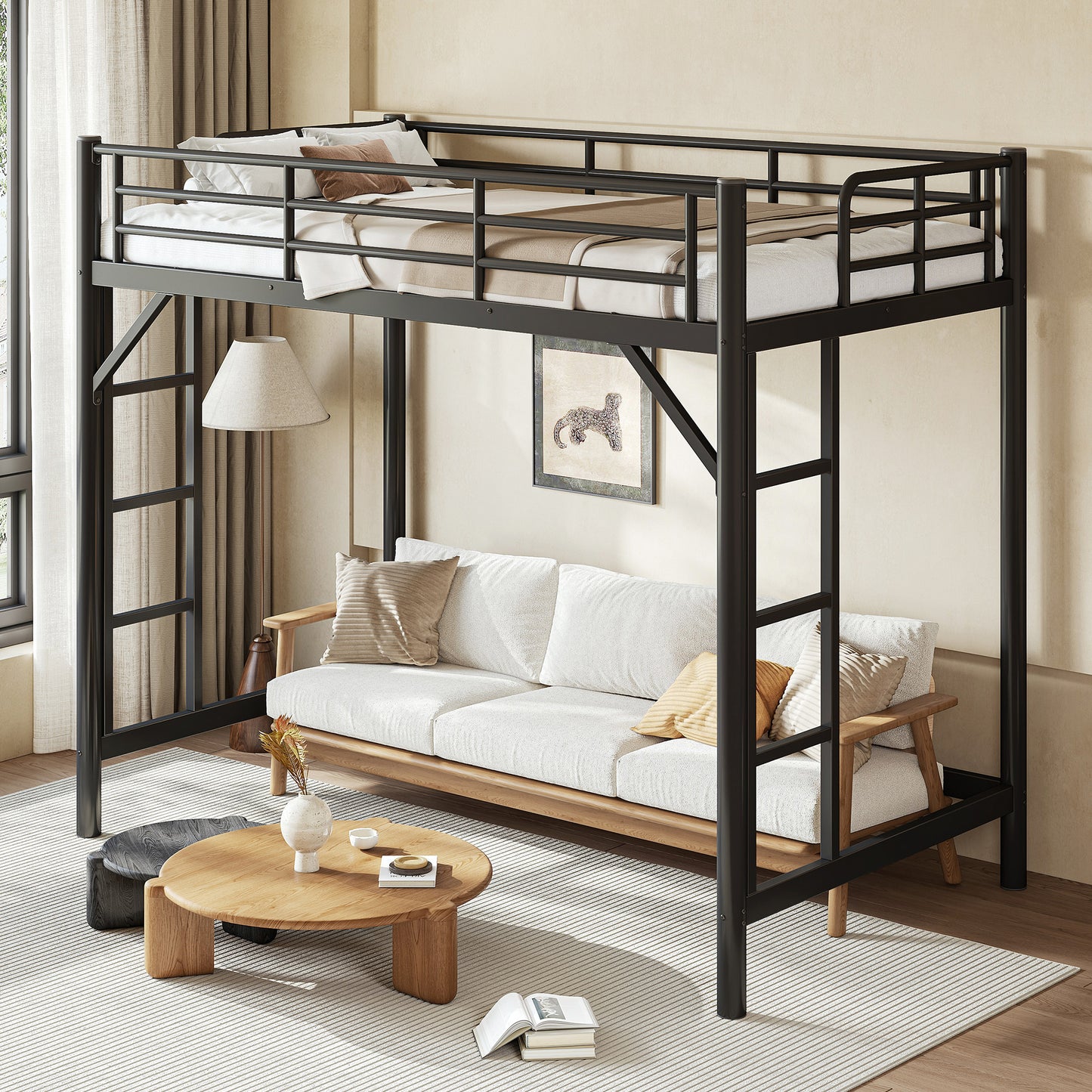 variant-group:rf-w1580p455013|Roomfitters Twin XL Size Metal Loft Bed Frame with Guardrails, Heavy Duty Space Saving High Loft Bed Dual Ladders, Black