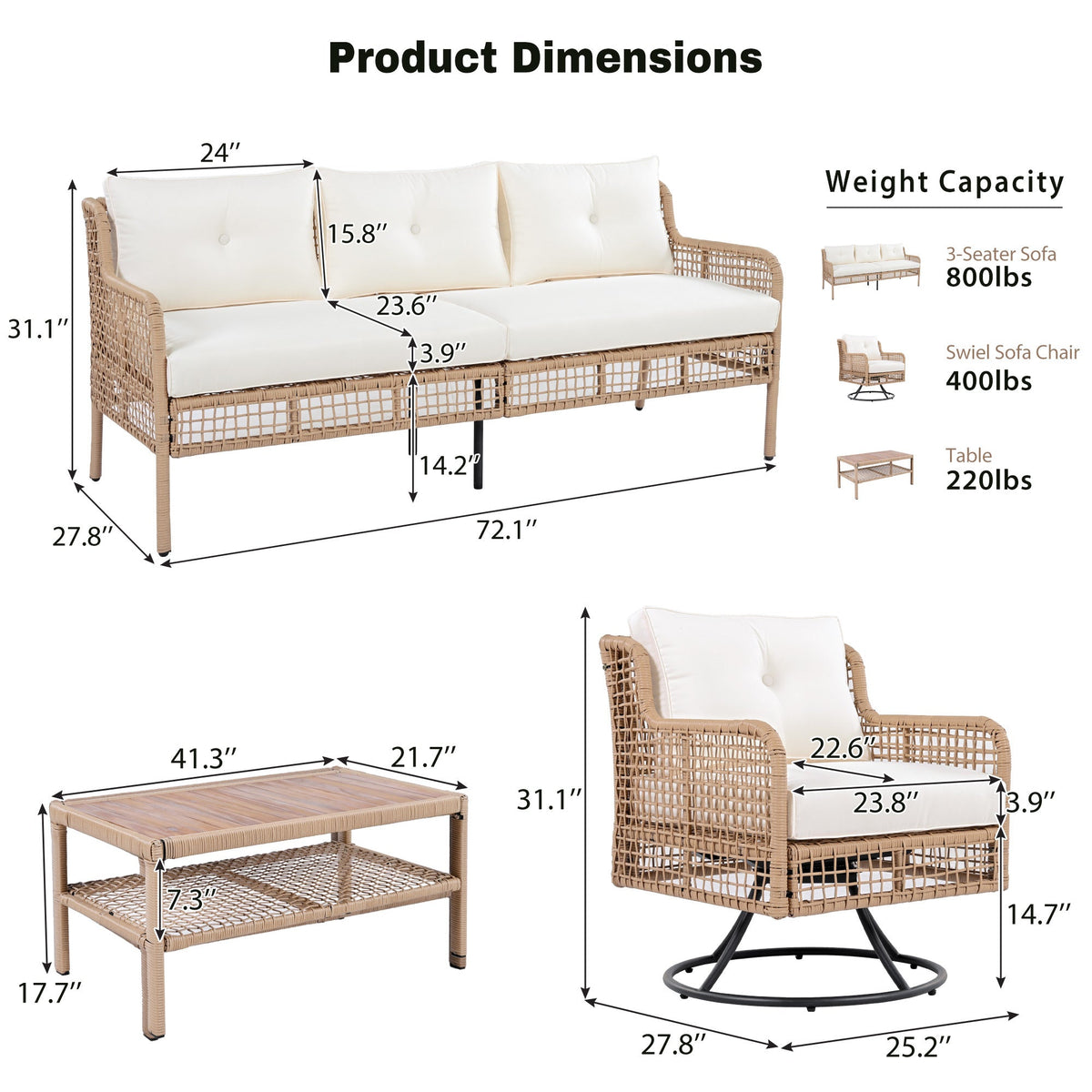 Roomfitters 4-Piece Patio Furniture Set with 360-Degree Swivel Rocking Chairs and Storage Coffee Table Beige Roomfitters