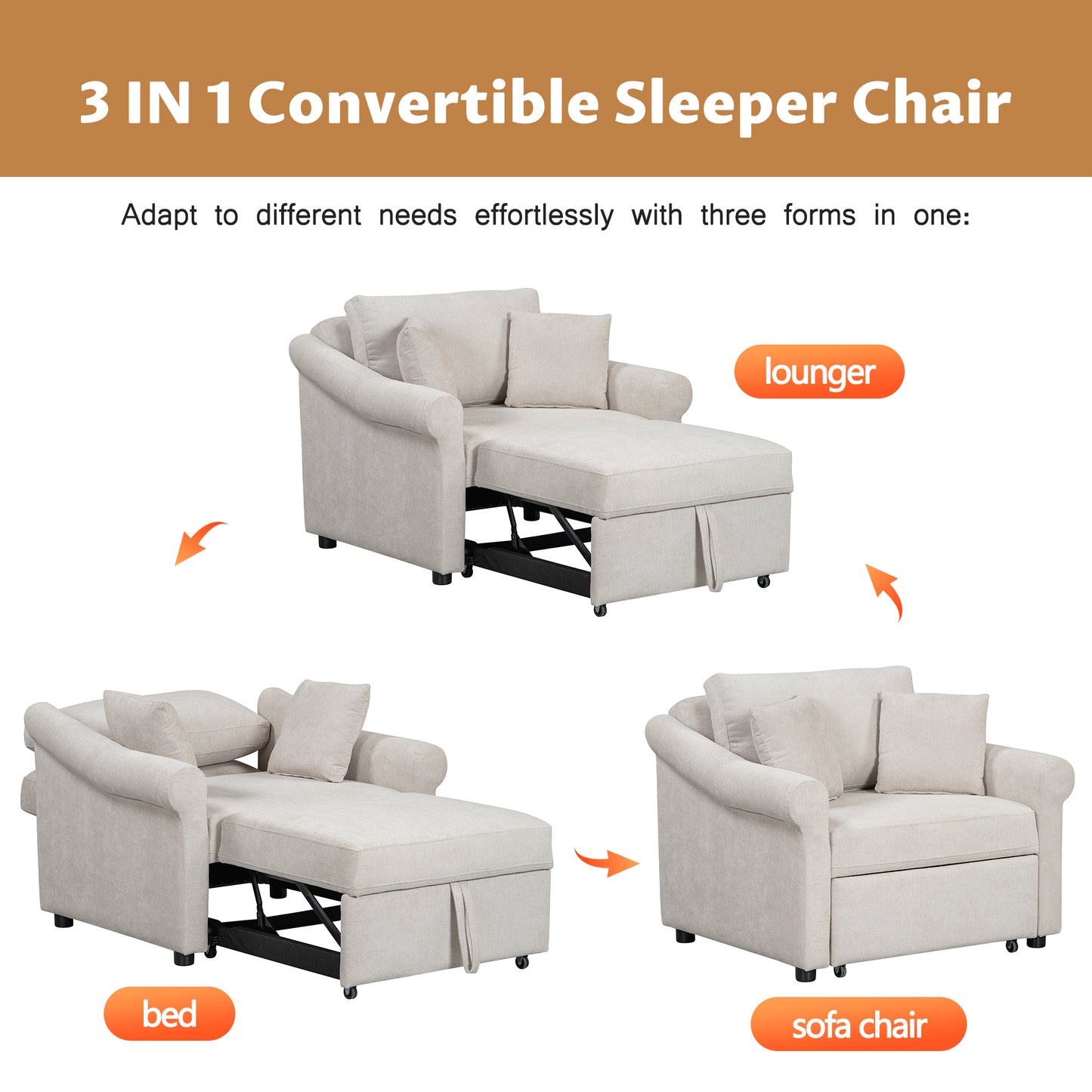 variant-group:rf-n701bs701p468429c|Roomfitters Chenille Convertible Sleeper Chair, 3 in 1 Single Sofa Bed Lounger, Adjustable Backrest Pull Out Bed, Beige