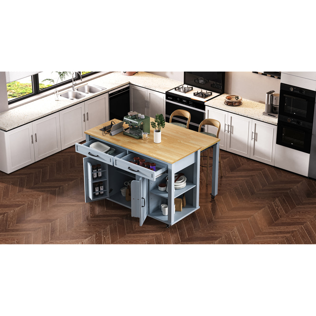 variant-group:rf-n707p215327g|Roomfitters 47" Kitchen Island with Extendable Dining Table, Storage Cabinet, Power Outlet, Rubber Wood Veneer, Grey Blue