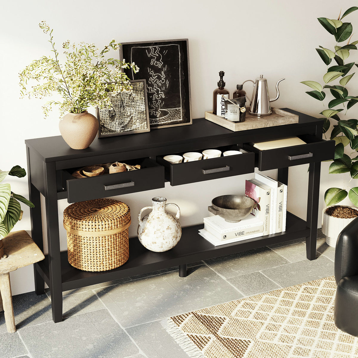 variant-group:rf-n711p410445b|Roomfitters 59.1" Farmhouse Entryway Table with 3 Drawers, Slim Console Sofa Table with Open Shelf for Hallway, Black