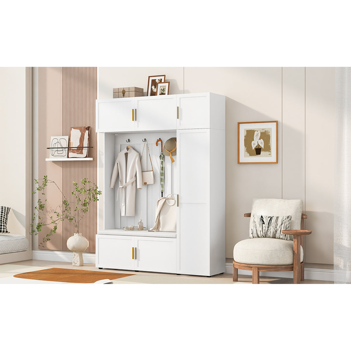 variant-group:rf-n724sj000166aak|Roomfitters American Style 4-in-1 Hall Tree, Upholstered Entryway Bench, Ancient White