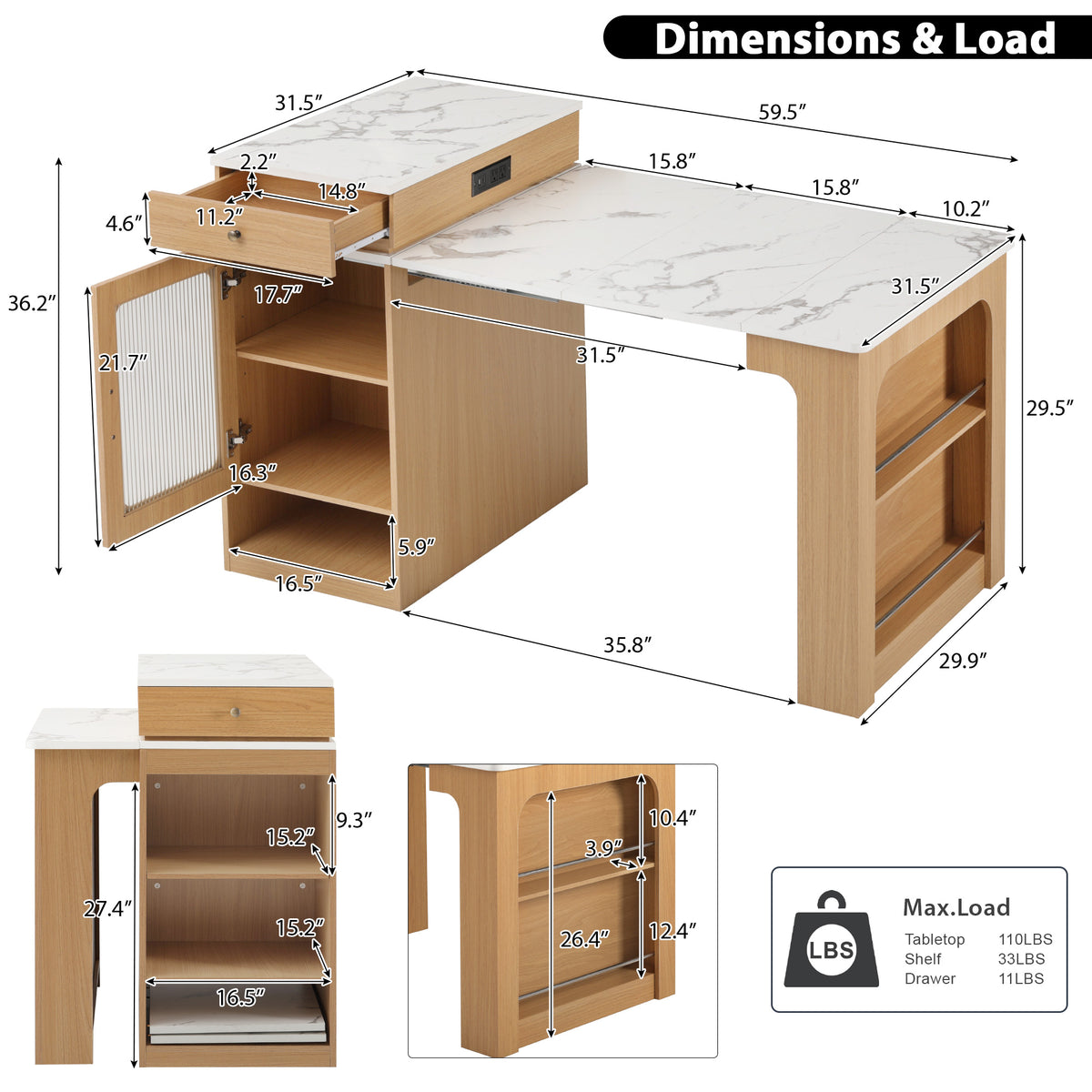 variant-group:rf-n707s000017y|Roomfitters 59.5" Kitchen Island with 41.8" Extendable Dining Table, Double-Sided Storage, Power Outlet, 2 Drawers, Natural