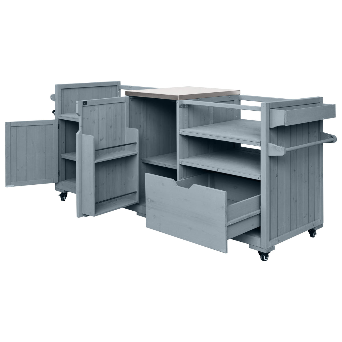 variant-group:rf-n707p392140g|Roomfitters 80.5" Extra Large Grill Cart, Outdoor Kitchen Prep Station with Stainless Steel Top & Kamado Grill Stand, Grey+Blue