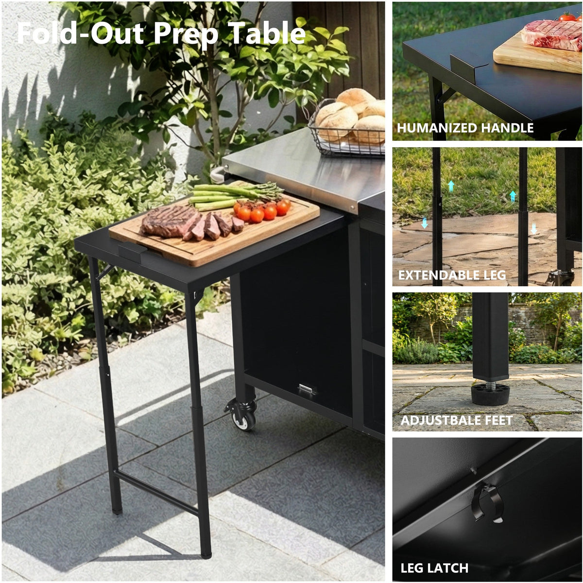Roomfitters 72.4"W Extra Large Grill Cart, Outdoor Kitchen Prep Station with Stainless Steel Top and Folding Side Table, Black