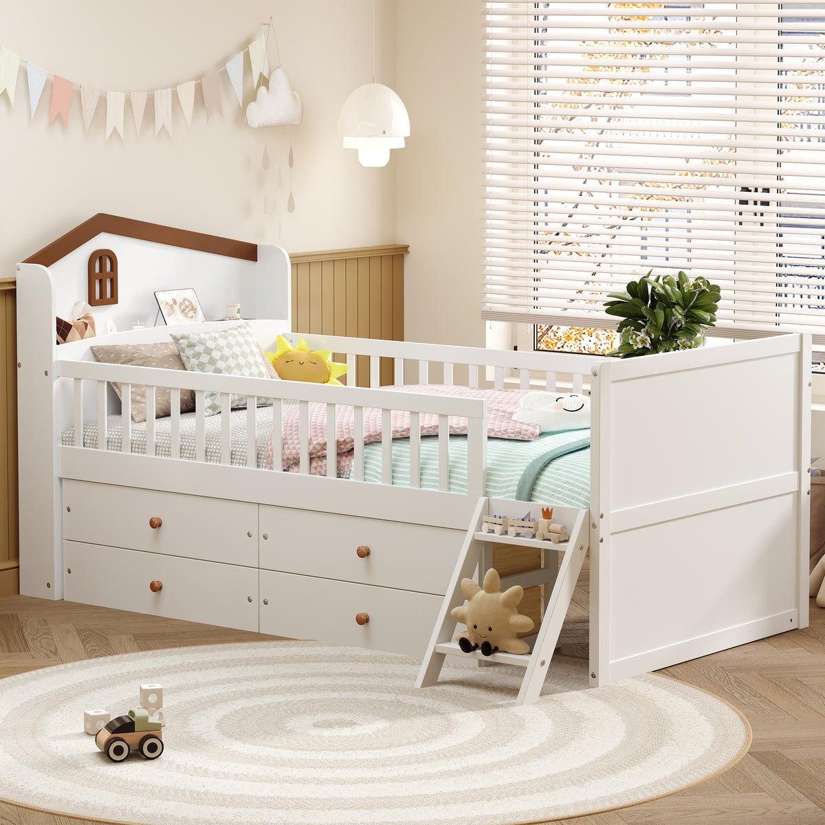 variant-group:rf-n733s278032k|Roomfitters Twin Platform Bed Frame with Four Drawers, Wooden Kids Bed with Guardrail Headboard and Ladder, White