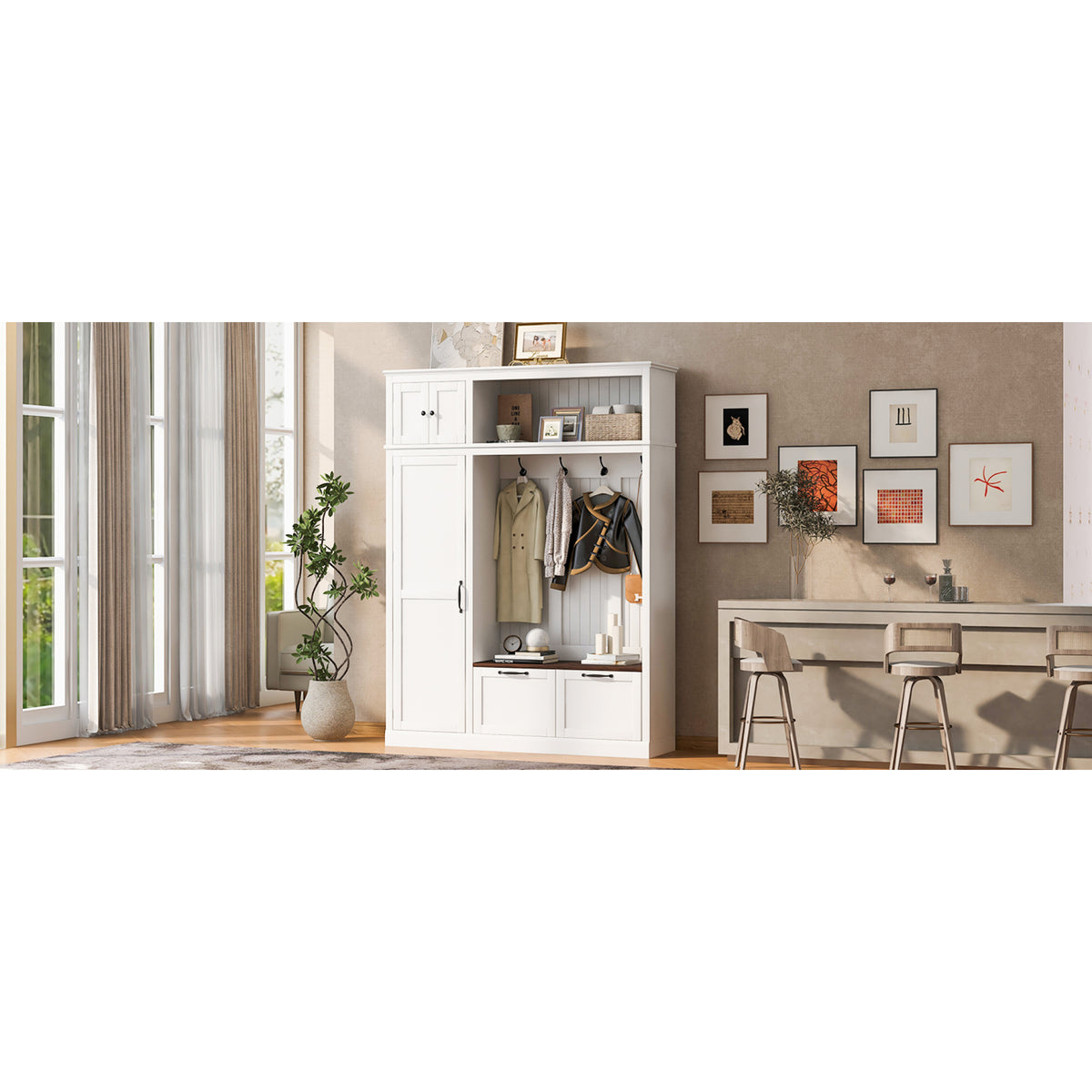 variant-group:rf-n724sj000160aak|Roomfitters 3-in-1 Entryway Hall Tree with Overhead Storage Cabinet, 2 Drawers, White