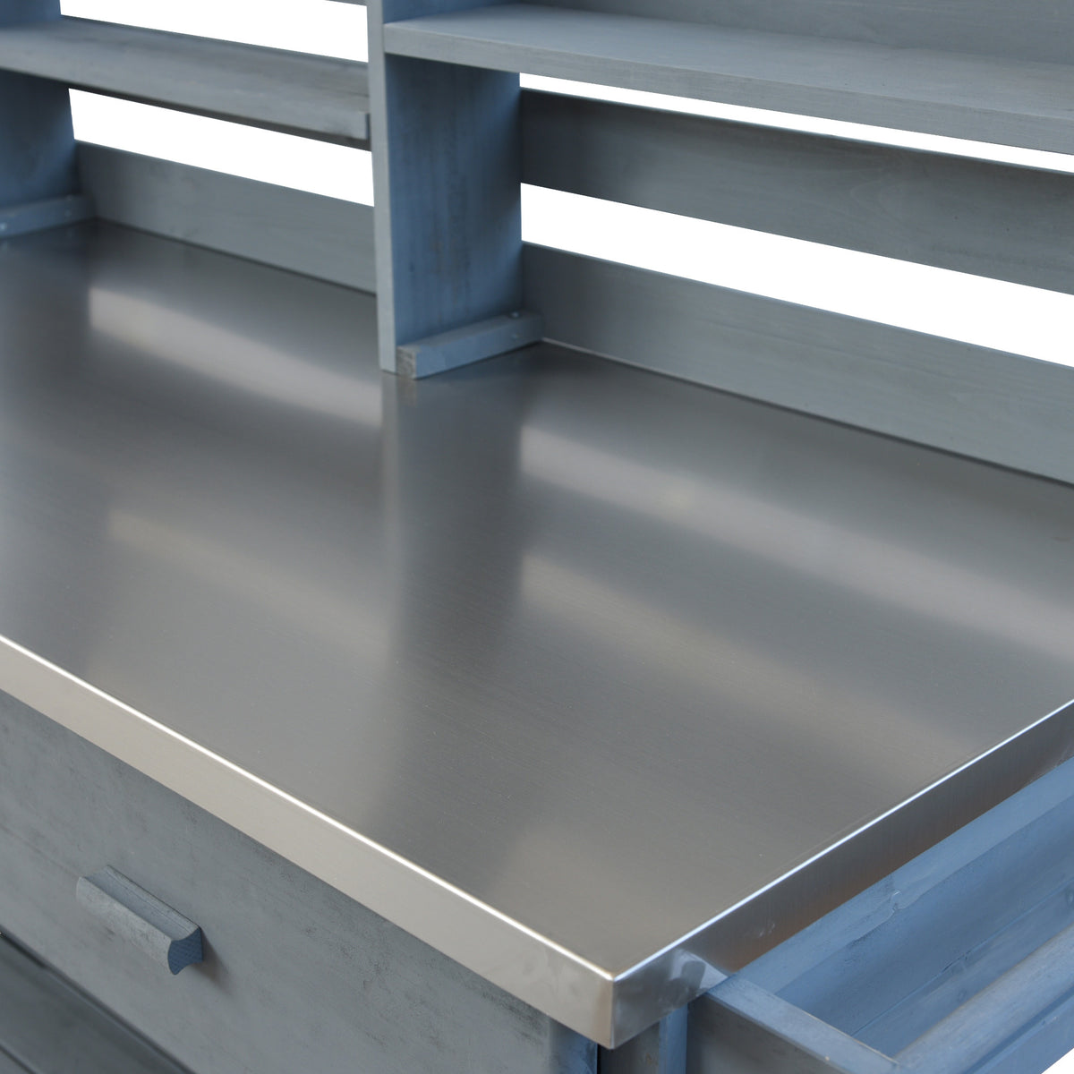 variant-group:rf-n707p228274g|Roomfitters 64.9" Outdoor Potting Bench Table, Rolling Kitchen Island with Hutch, Stainless Steel Top, Storage, Grey Blue