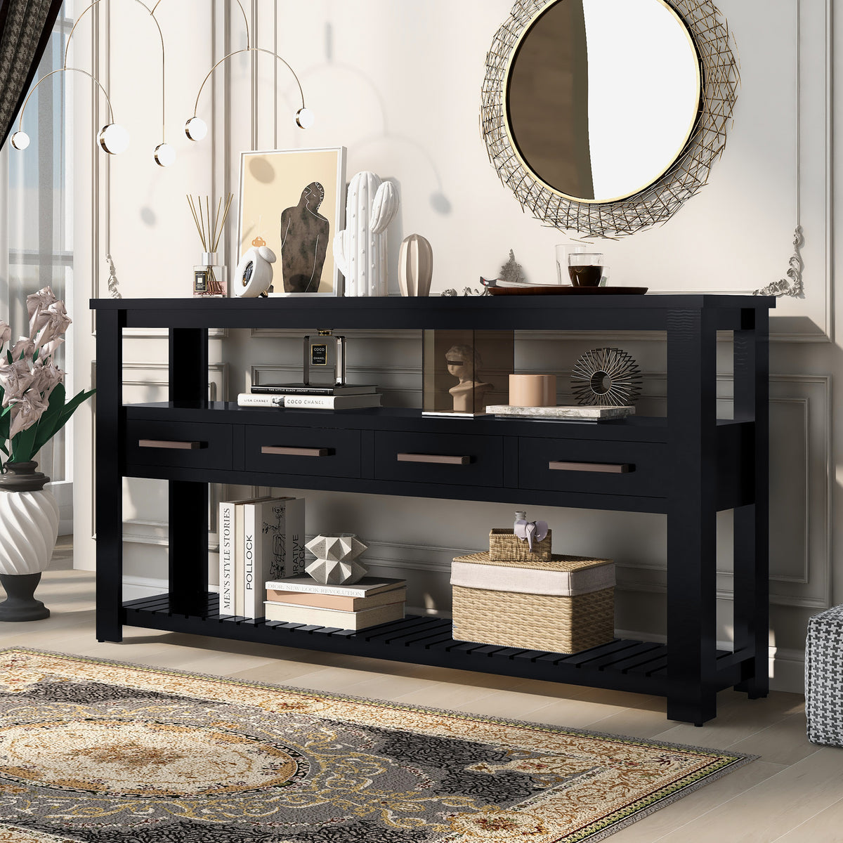 variant-group:rf-n711p410406b|Roomfitters 61.5" Entryway Table with 4 Drawers, 3-Tier Console Sofa Table with Open Shelves for Hallway, Black