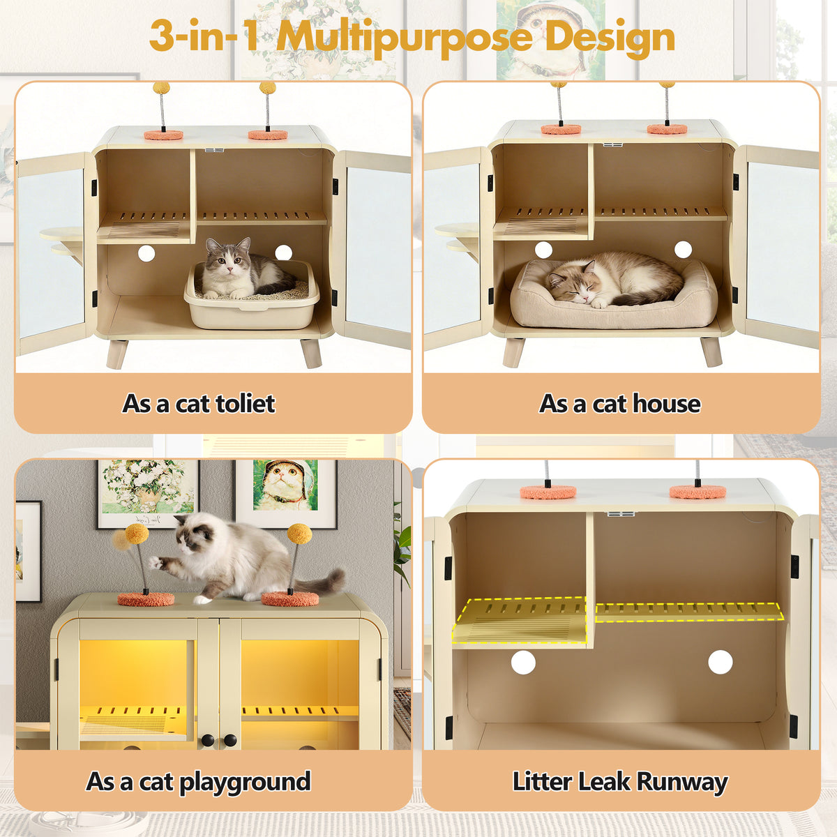 variant-group:rf-n704p419240a|Roomfitters Retro TV-Style Hidden Cat Litter Box Enclosure with App Controlled RGB LED Lights and Stairs Beige