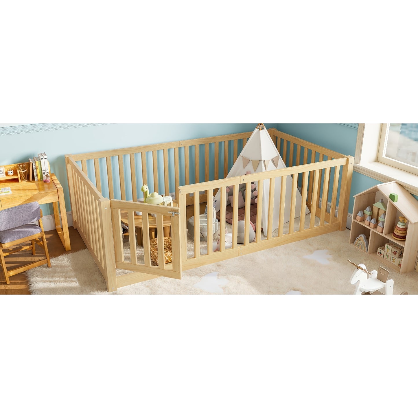 variant-group:rf-w1580p417669|Roomfitters Twin Size Wooden Floor Bed with Safety Guardrails Door, Solid Wood Low Profile Toddler Bed Frame, Natural