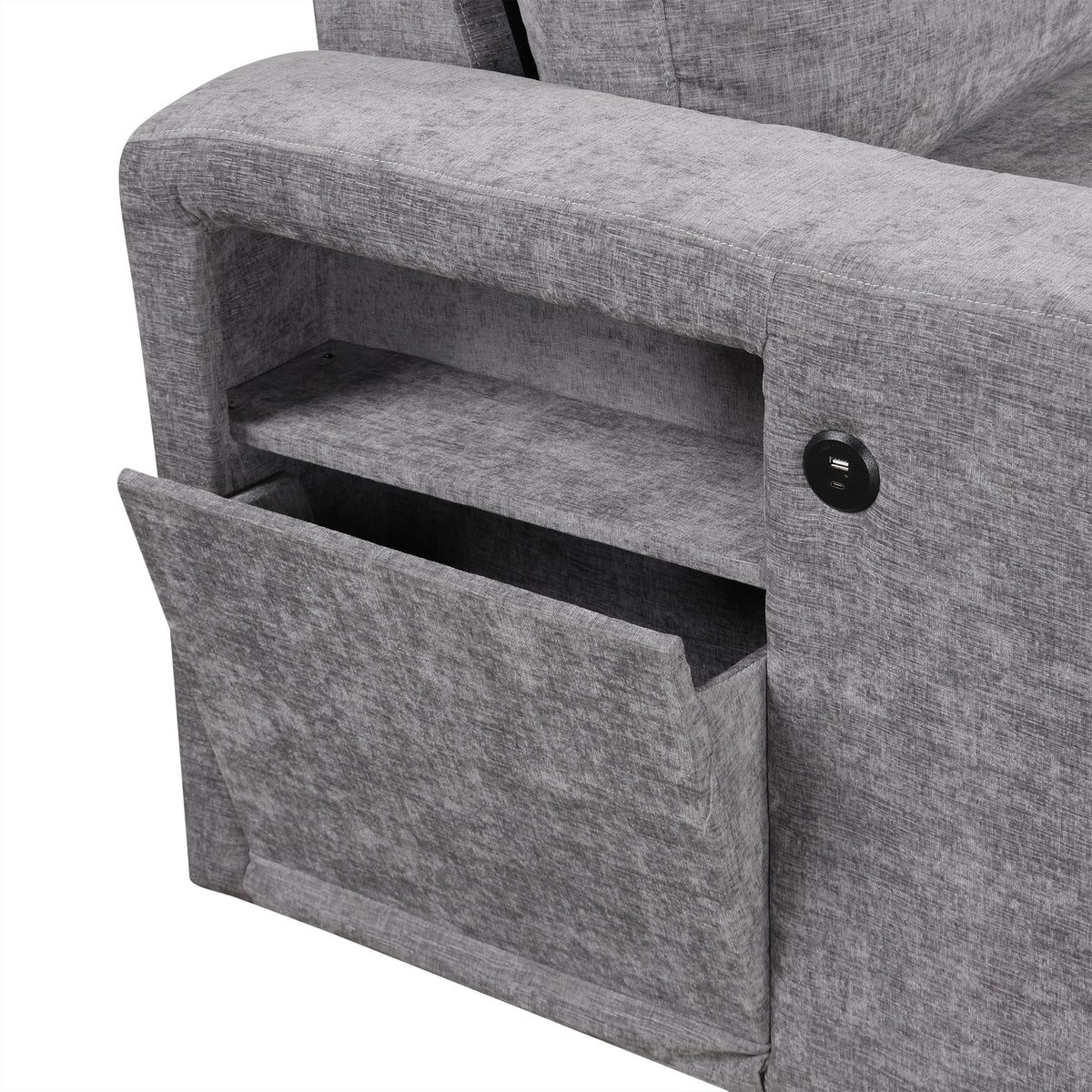variant-group:rf-n711wy000390aae|Roomfitters L-Shaped Padded Modular Sofa with Storage Space, USB Ports, and Cup Holders on the Armrests, Suitable for Living Rooms, Offices, and Apartments, Gray