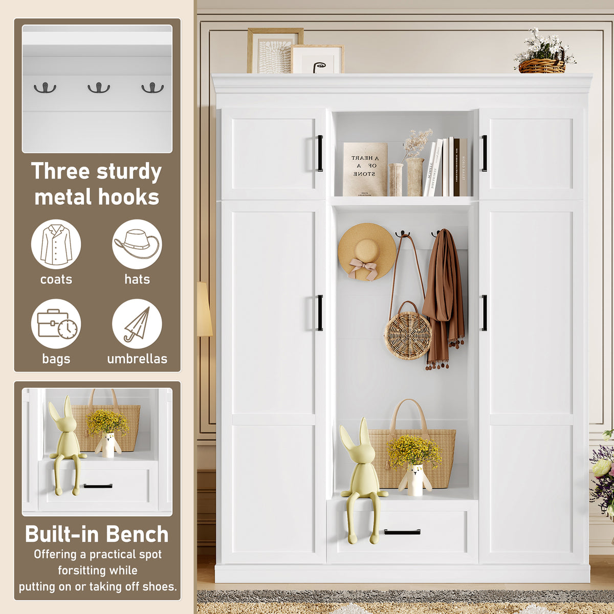 variant-group:rf-n724sj000140aak|Roomfitters 85.2" Hall Tree with Bench, 3 Hooks, 4 Doors, 1 Drawer and Adjustable Storage Shelves, White