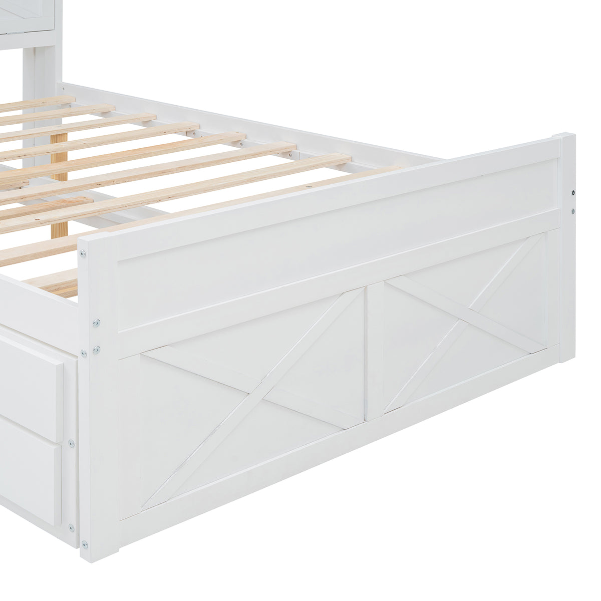variant-group:rf-n733s172712k|Roomfitters Full Size Wooden Bed with Storage Headboard, Integrated Outlets, Extendable Frame with Twin Trundle and Additional Storage, White
