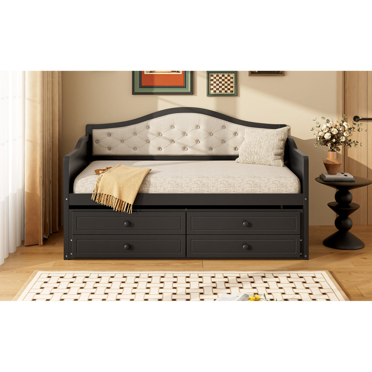 variant-group:rf-n733s346767p|Roomfitters Twin Daybed with Trundle, Wooden Sofa Bed with 2 Storage Drawers & Tufted Backrest, Black