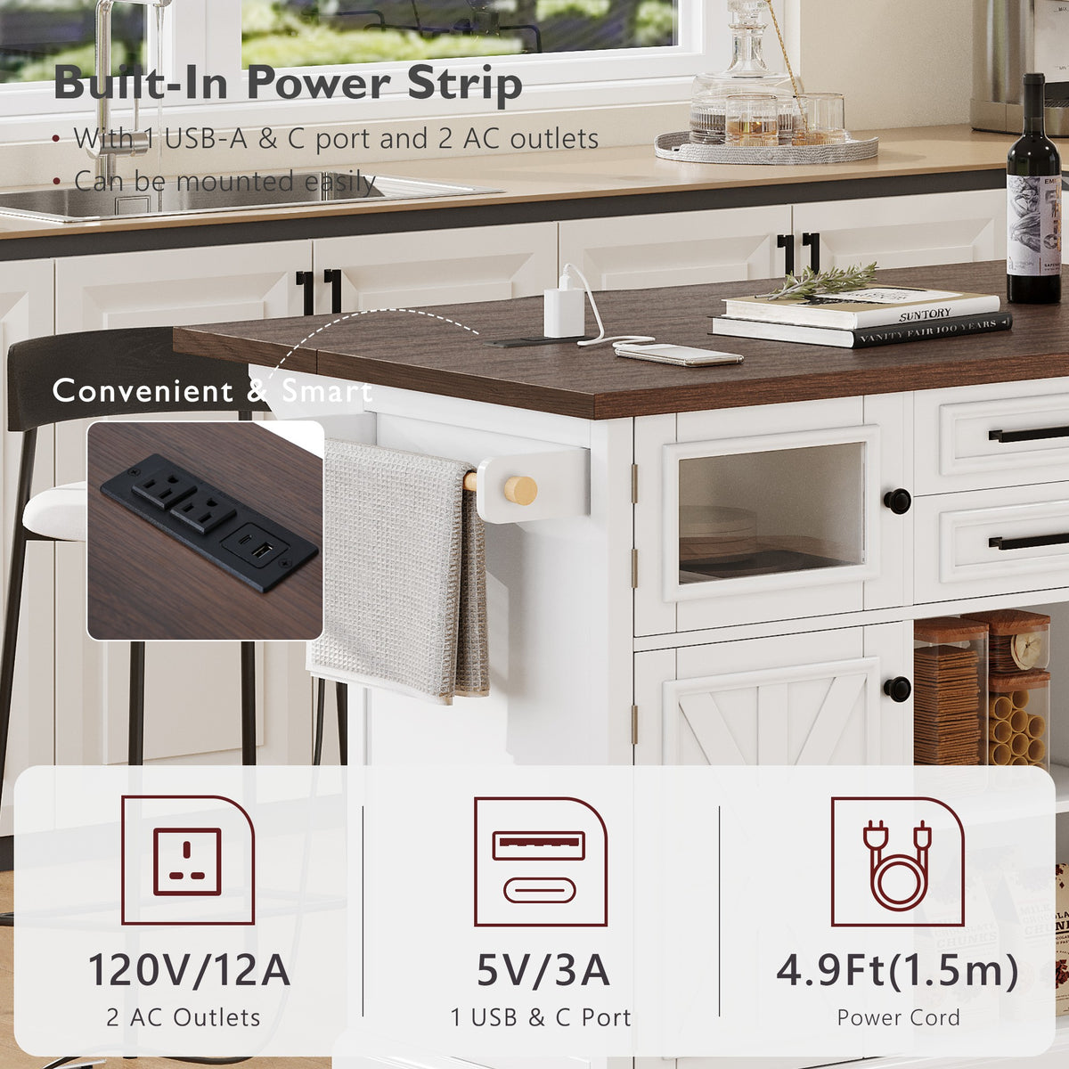 variant-group:rf-n707s300277w|Roomfitters 54.9" Kitchen Island with Drop Leaf, Rolling Kitchen Cart with Barn Door and Glass Door, Storage Cabinet, White