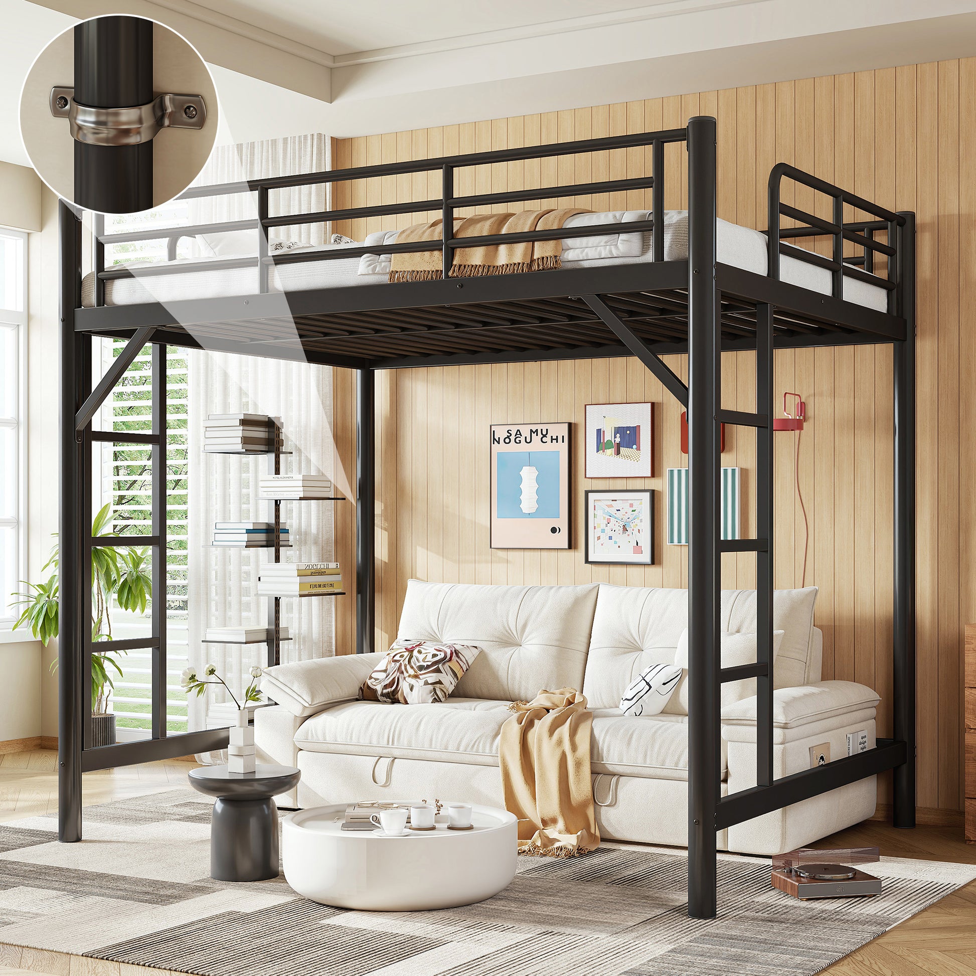 variant-group:rf-w1580p455015|Roomfitters Full Size Metal Loft Bed Frame with Guardrails, Heavy Duty Space Saving High Loft Bed Dual Ladders, Black